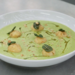 Marcus Wareing blue cheese gnudi with broccoli soup on Masterchef The Professionals