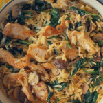 Mary Berry chicken orzo pasta with chestnut mushrooms, spinach, sour cream and lemon recipe on Mary’s Foolproof Dinners