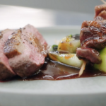 Monica Galetti five-spice duck breast with a duck heart skewer and orange sauce on Masterchef The Professionals