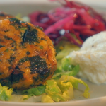 Mary Berry and Sue Perkins falafel with whipped feta, pickled red cabbage and Little Gem lettuces recipe on Mary’s Foolproof Dinners