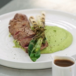 Monica Galetti lamb neck with pea and broad bean puree, a lamb sauce and charred leeks on Masterchef The Professionals