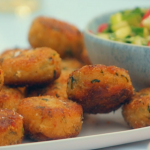 Mary Berry lemongrass crab cakes with a cucumber and radish salsa recipe on Mary’s Foolproof Dinners