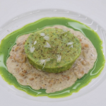 Monica Galetti mushroom and ricotta ravioli with hazelnut cream and a wild garlic oil on Masterchef The Professionals