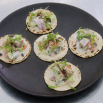 Monica Galetti citrus-cured sea bass tacos with a vegetable garnish and crispy fish skin recipe on Masterchef The Professionals