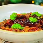 Simon Rimmer festive sausage casserole with pesto and garlic bread recipe on Sunday Brunch