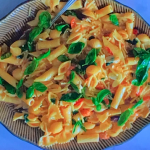 Jamie Oliver air fryer feta and tomato pasta with black olives and chilli recipe on Jamie’s £1 Wonders and Money Saving Meals