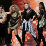 Alien X Factor girl group members dressed to impress singing Pump It by the Black Eyed Peas