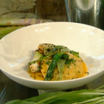 White and green asparagus with smoke butter and crab ravioli on Spring Kitchen with Tom Kerridge