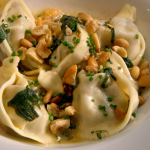 Raymond Blanc ceps mushroom tortellini with roasted nuts and sage butter on Spring Kitchen with Tom Kerridge 