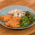 Chicken schnitzel with potato salad recipe on Let’s Do Lunch with Gino and Mel