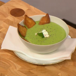 Gino pea and mint soup with crispy tortilla croutons  recipe on Let’s Do Lunch