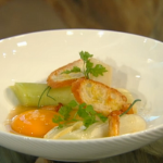 Bryn Williams slow roasted charred leeks with girolles and leek mayonnaise recipe on Saturday Kitchen
