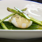 Tom Kitchen langoustine tail with mushrooms and asparagus with poached egg tested Shaun, Calum and Harriet in the kitchen on The Chef’s Protege