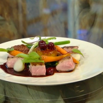 James Martin roasted breast duck with baby vegetables and cherries recipe