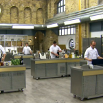 Alex, Daniel, Jamie, Sean and George cook and preparing a pork belly for survival on  day five of MasterChef The Professionals 2014