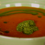 Tom Kerridge proper tomato soup recipe with pesto and basil oil on Tom Kerridge’s Best Ever Dishes