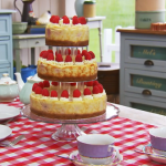 Mary Berry Three tier white chocolate and raspberry cheesecake recipe on The Great British Bake Off Masterclass 2015