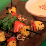 Ainsley Harriott jerk lamb kebabs with mayonnaise on Len and Ainsley’s Big Food Adventure