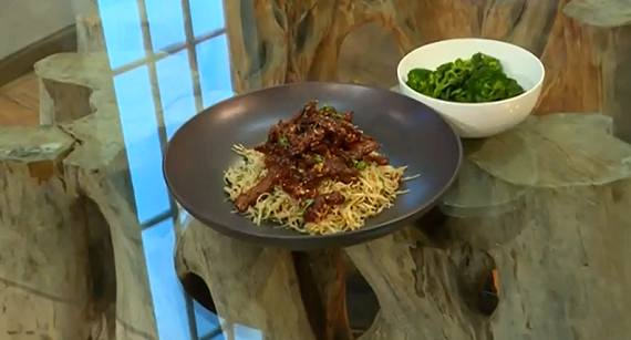 James Martin crispy chilli beef with steamed broccoli ...