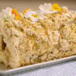 Mary Berry lemon curd and pistachio meringue roulade recipe on Mary Berry’s Easter Feast