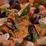 Rosemary Shrager paella with chicken and seafood on Chopping Block
