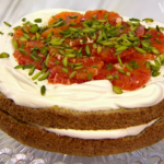 Sophie Michell Pistachio cake with honey whipped cream and blood orange salad on Sunday Brunch