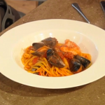 Lorraine Pascale Prawn linguine with chorizo and tomato sauce recipe on Saturday Kitchen