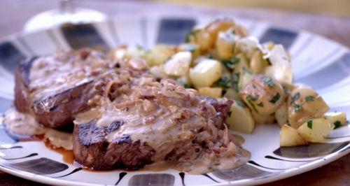 James Martin steak with potatoes and cognac sauce recipe ...