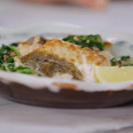Jamie Oliver fried hake with spinach and bacon recipe on Jamie and Jimmy’s Friday Night Feast
