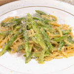 Theo’s asparagus with linguine carbonara recipe on Yes Chef