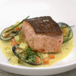 Bryn’s pan fried salmon with curried mussels recipe on Yes Chef