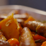 Simon Rimmer sausage baked with squash tomatoes and rosemary recipe on Eat the Week with Iceland