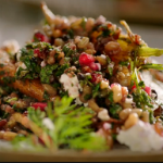 Jamie Oliver warm carrot and grain salad with pomegranate recipe on Jamie’s Quick and Easy Food