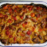 Jamie Oliver comforting sausage bake with cherry tomatoes and white beans recipe
