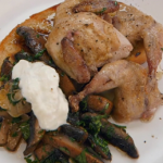 John Torode roasted quail with portobello mushrooms and horseradish cream recipe on Celebrity Masterchef