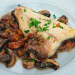 Rick Stein brill with mushrooms, cheese, pig skin and chestnuts sauce recipe on Rick Stein’s Secret France