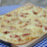 Rick Stein tarte flambée with bacon lardons and emmental cheese recipe on Rick Stein’s Secret France