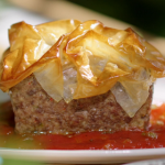 Lisa Faulkner meatloaf with filo pastry, mash potatoes and barbecue sauce recipe on John and Lisa’s Weekend Kitchen
