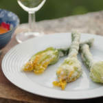 Rick Stein courgette flowers stuffed with salt cod, cream, garlic and tomato sauce recipe on Rick Stein’s Secret France