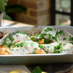 Lisa Faulkner Roast Cod with Harissa, Cauliflower, Chickpeas, and Tomatoes recipe on John and Lisa’s Weekend Kitchen