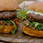 Jamie Oliver stuffed burgers with onion chutney, basil mayo and mozzarella recipe on Jamie and Jimmy’s Friday Night Feast