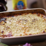 Lisa Faulkner moussaka with veggie mince and tomato sauce recipe on John and Lisa’s Weekend Kitchen