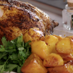 John Torode beer can roast chicken with saffron potatoes recipe on John and Lisa’s Weekend Kitchen