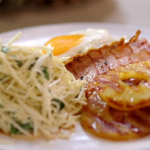 John Torode and Lisa Faulkner gammon and pineapple with a celeriac slaw and fried eggs recipe on John and Lisa’s Weekend Kitchen