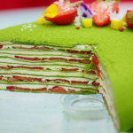 Prue Leith matcha mille crepe cake with strawberries recipe on The Great British Bake Off 2020