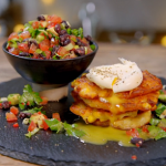 Ainsley Harriott sweetcorn fritters with avocado, tomato and black bean salsa recipe on Ainsley’s Food We Love