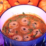 John Whaite spooky stew with milk, red wine and dumplings recipe on Steph’s Packed Lunch