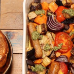 Dr Rupy vegetable sausage tray bake with tarragon relish recipe on Steph’s Packed Lunch