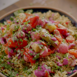 Nigella Lawson spiced bulgur wheat with roast vegetables and a beetroot, chilli and ginger sauce recipe on Nigella’s Cook, Eat, Repeat