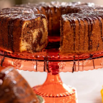 Lisa Faulkner marble chocolate and orange bundt cake with chocolate sauce recipe on John and Lisa’s Weekend Kitchen